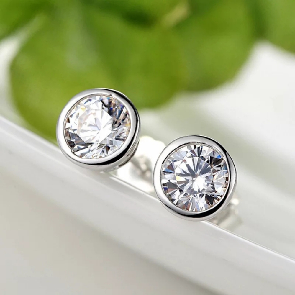 NEW Platinum Plated S925 1 cttw Bezel Stud Earrings - Picture 3 of 16